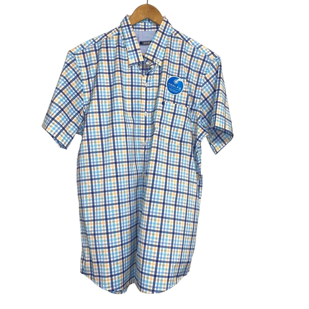 IZOD Blue Plaid Advantage Performance Short Sleeve Button Down Shirt